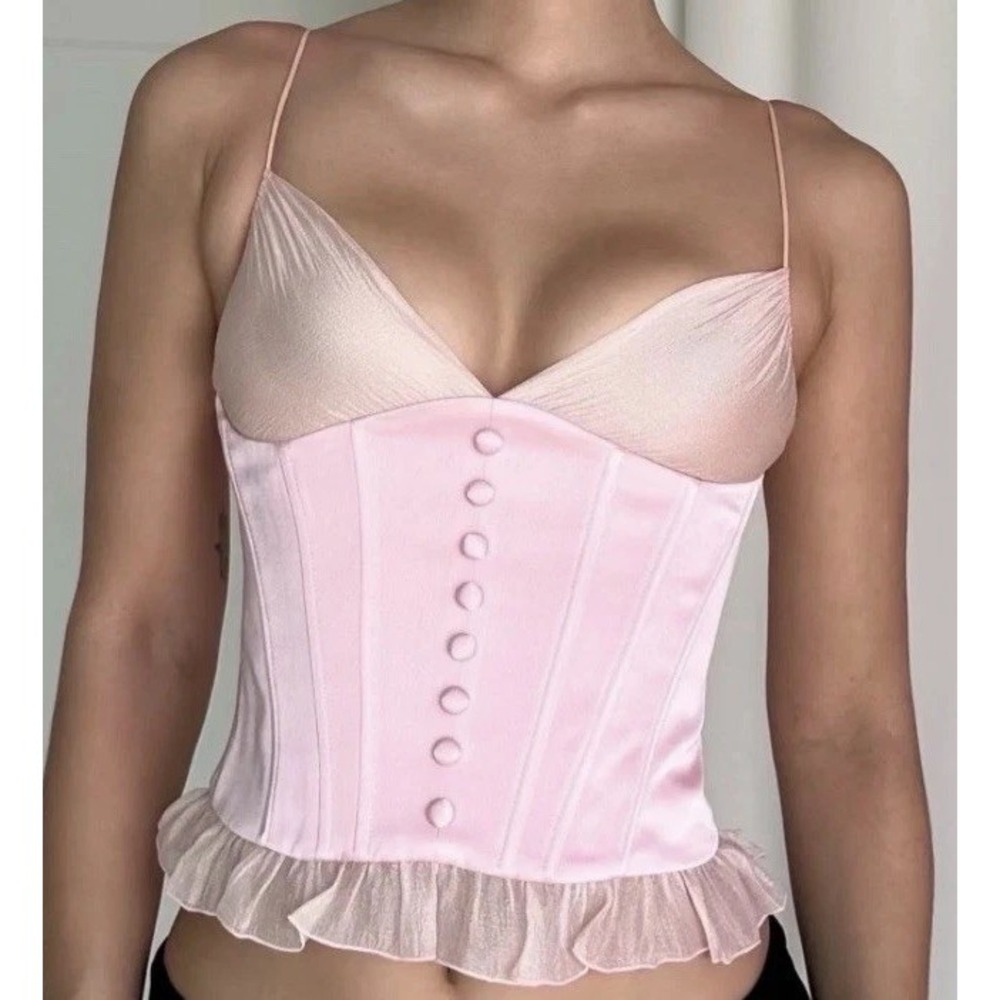 Mixed Gals Isabel Corset Tank Top In Pink Silk Buttons Sheer Flawed Size Small